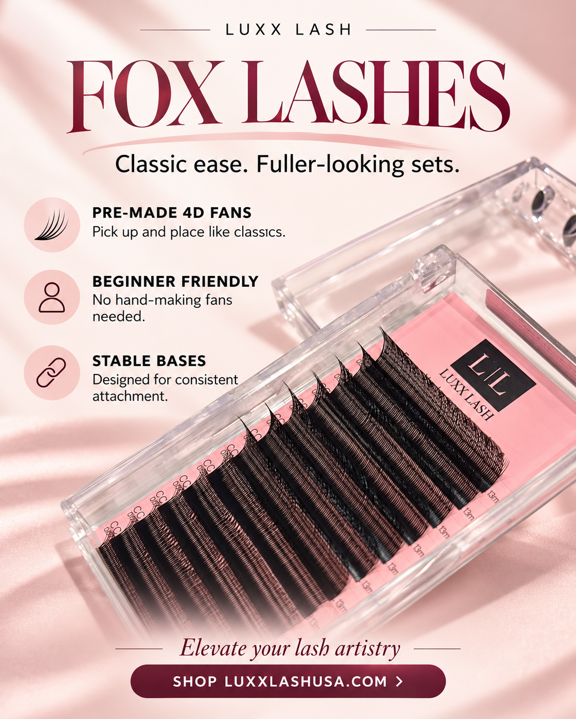 Luxx Lash Fox Lashes – Pre-Made 4D Fans (CC 0.07 | Mixed 8–13mm)